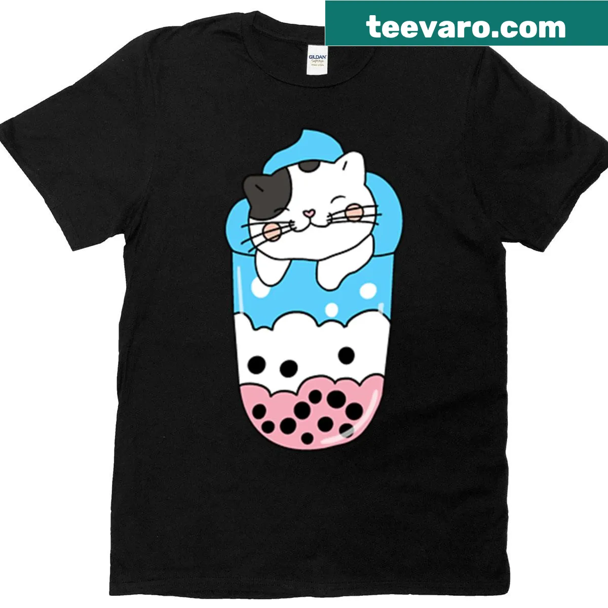 Cute cat with boba drink, celebrating transgender pride on T-shirt — on a men's t-shirt