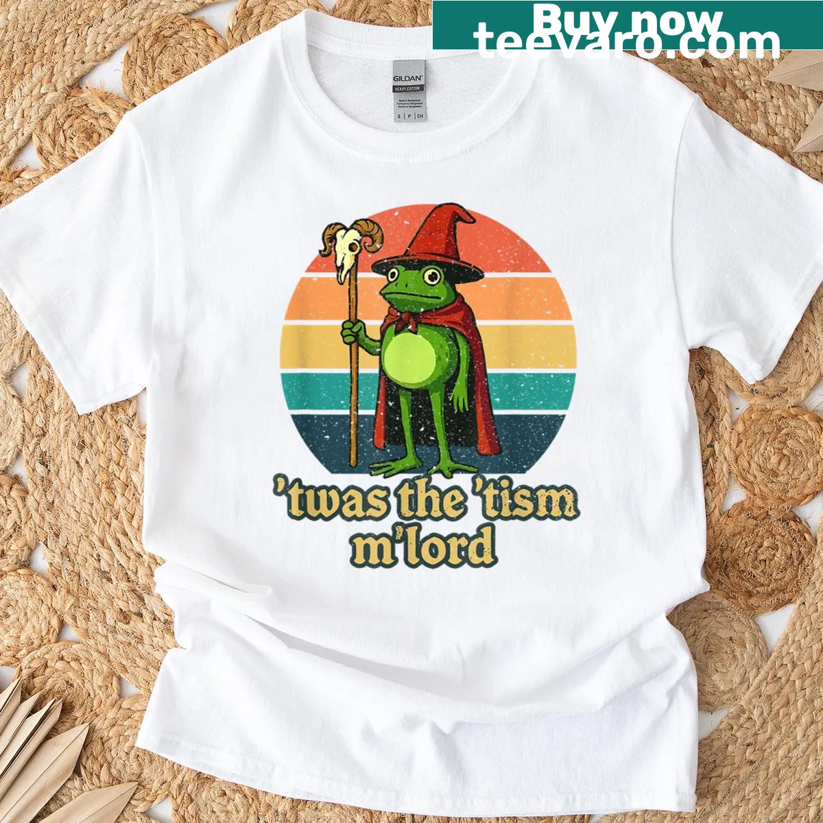 Funny t-shirt with a wizard frog and text 'Twas The Tism Mlord' — on a men's t-shirt