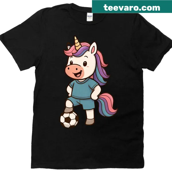 Playful unicorn soccer graphic on a t-shirt