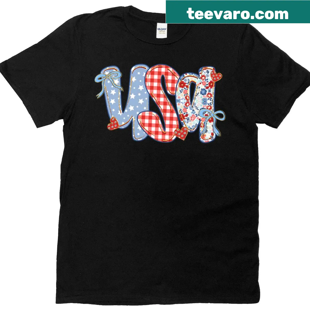 Floral design with a bow on a patriotic T-shirt — on a men's t-shirt