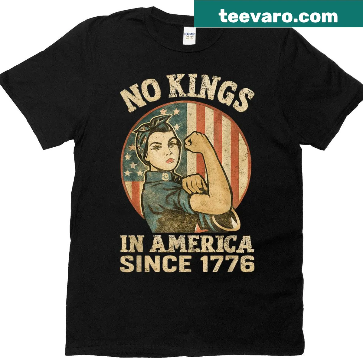 Vintage T-shirt with 'No Kings In America Since 1776' text — on a men's t-shirt