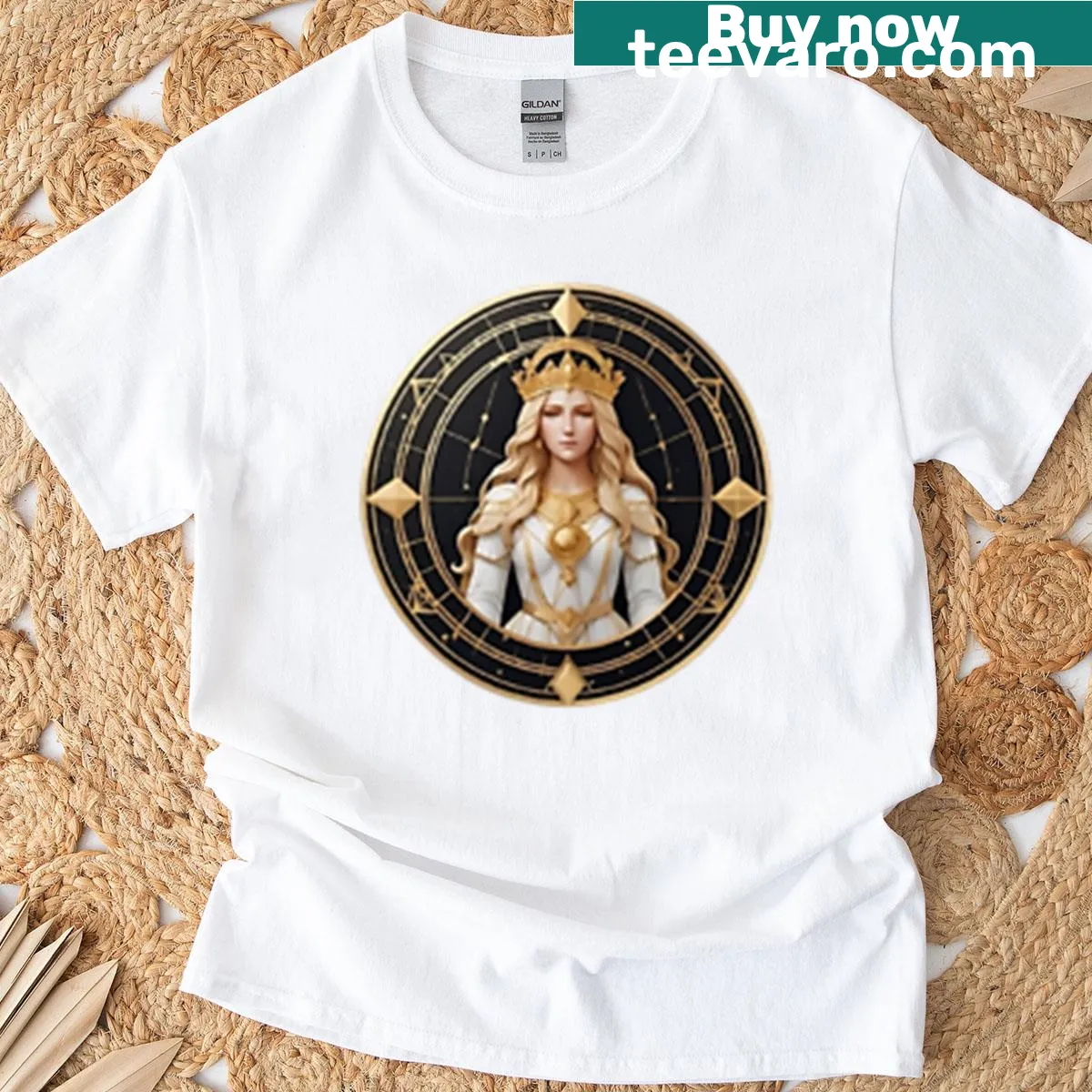Illustrated Virgo celestial queen in a fantasy portrait on a t-shirt — on a men's t-shirt