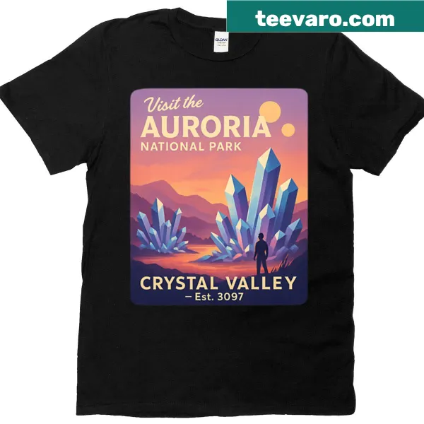 Retro travel poster design featuring Auroria Crystal Valley