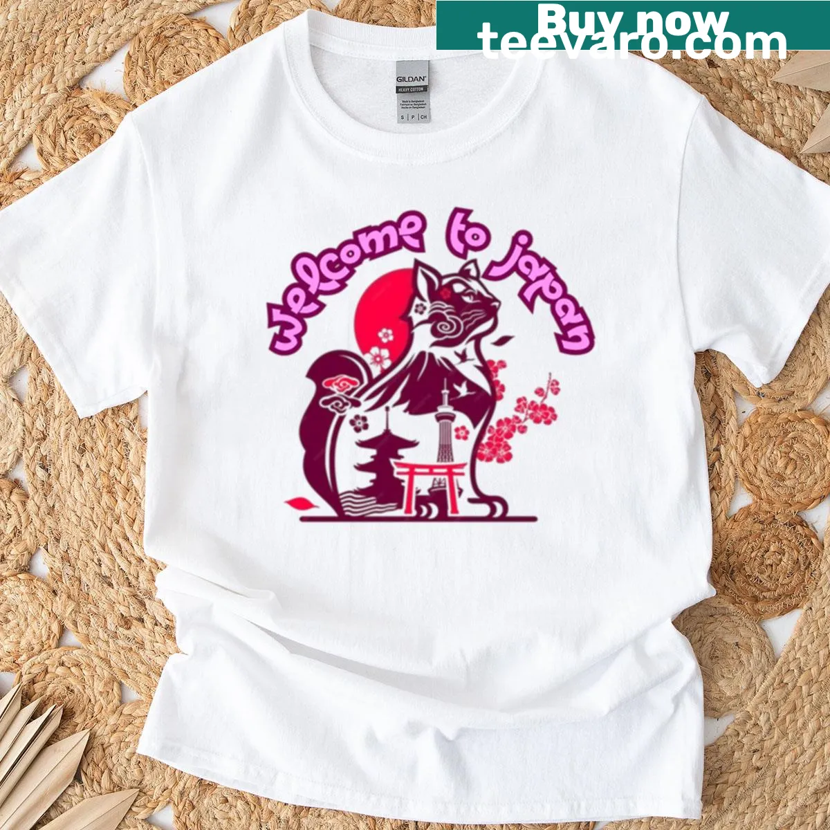 Kitsune fox with Tokyo landmarks illustrated on T-shirt — on a men's t-shirt