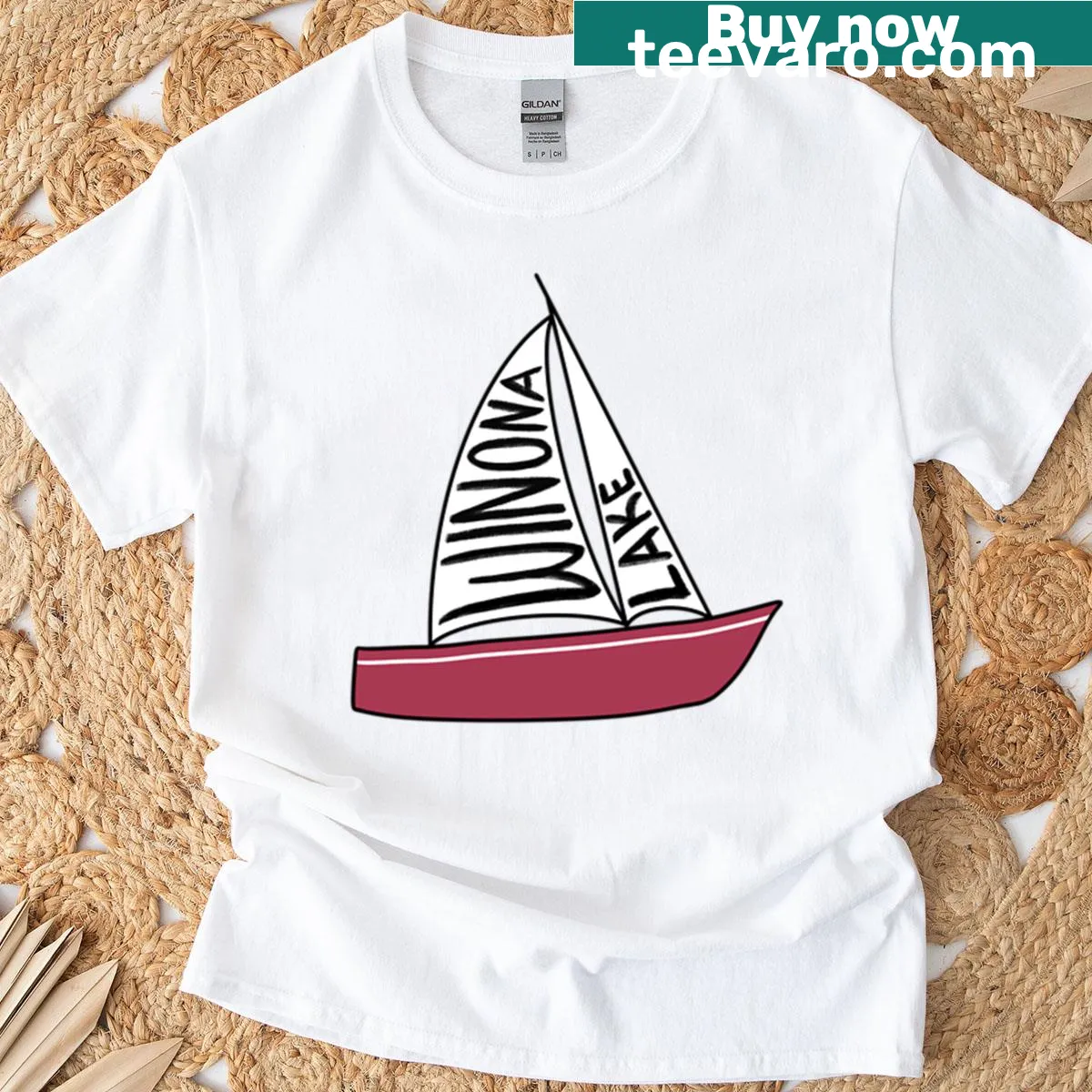 T-shirt showcasing Winona Lake, Indiana, with a stylized graphic. — on a men's t-shirt