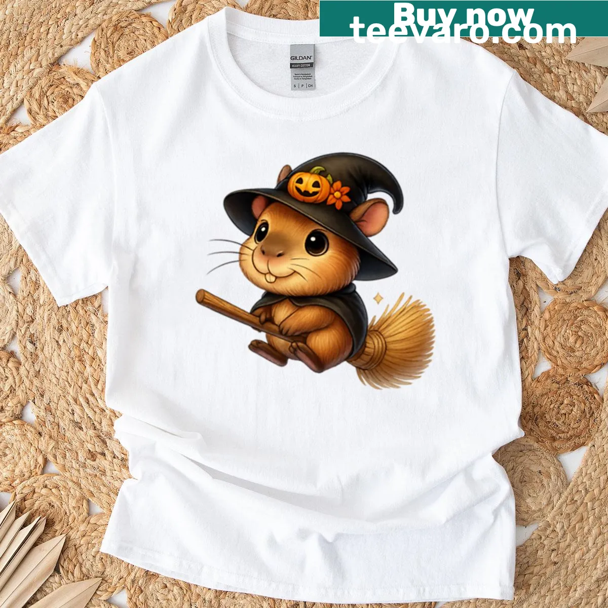 Cute Halloween T-shirt with a capybara on a broom — on a men's t-shirt