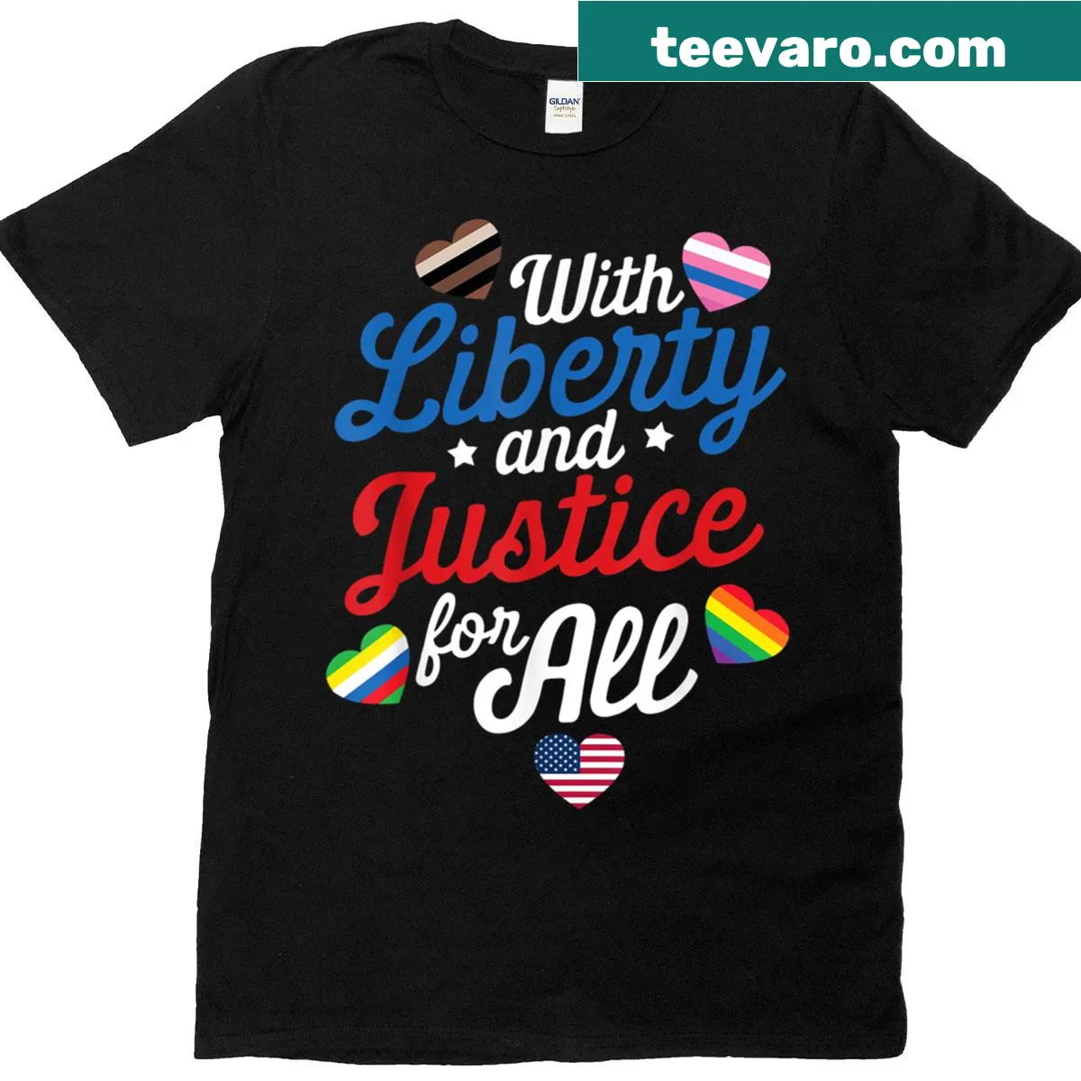 Text graphic on a t-shirt with the phrase 'With Liberty And Justice For All' — on a men's t-shirt