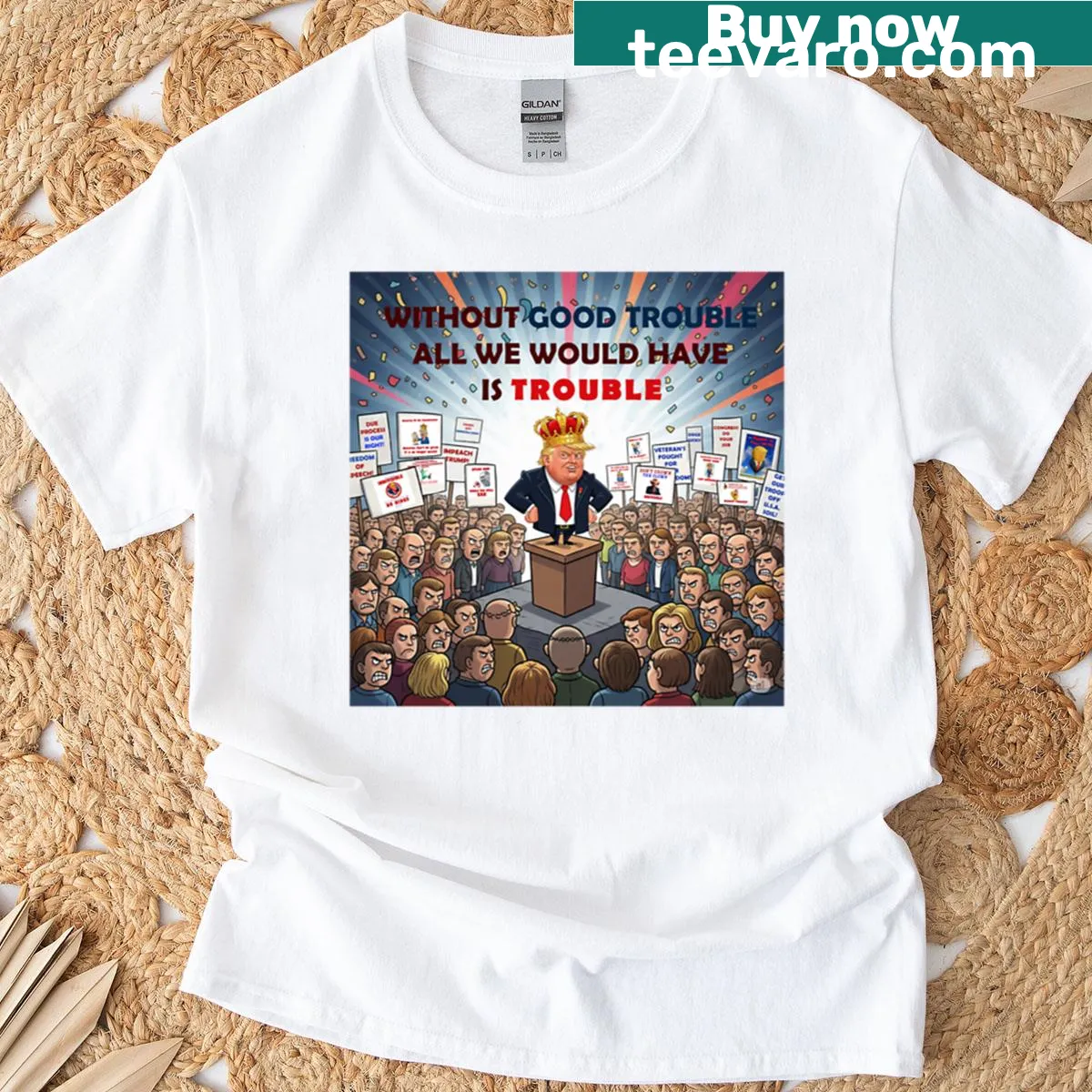 Inspirational T-shirt with quote by John Lewis advocating for good trouble — on a men's t-shirt