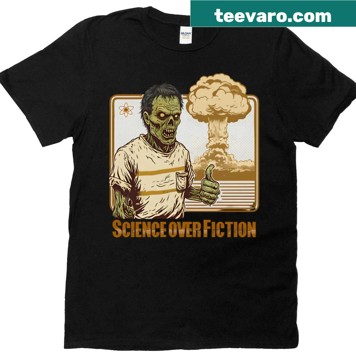 Zombie science-themed t-shirt with thumbs up graphic — on a men's t-shirt