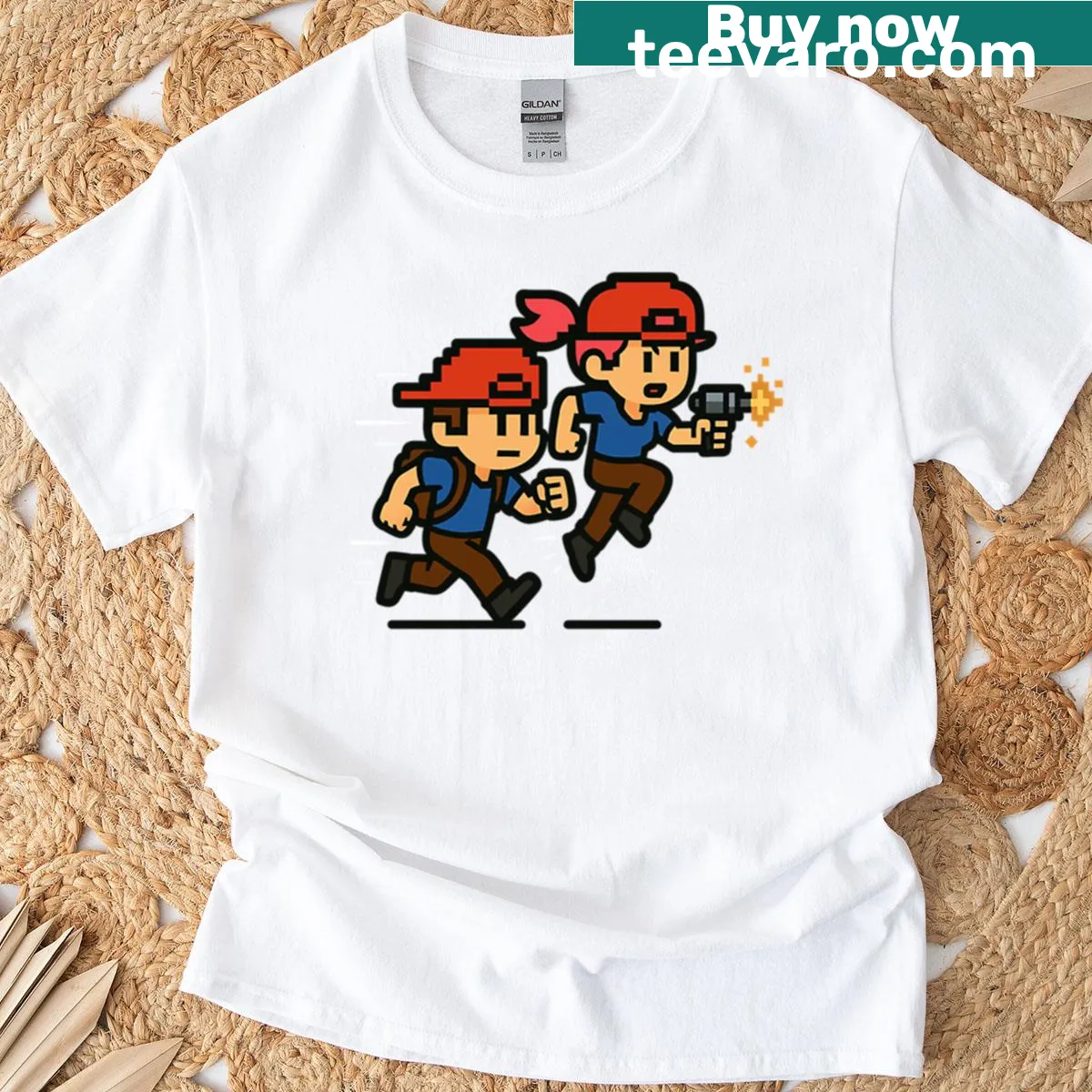 Retro gaming t-shirt featuring 16-bit action heroes — on a men's t-shirt
