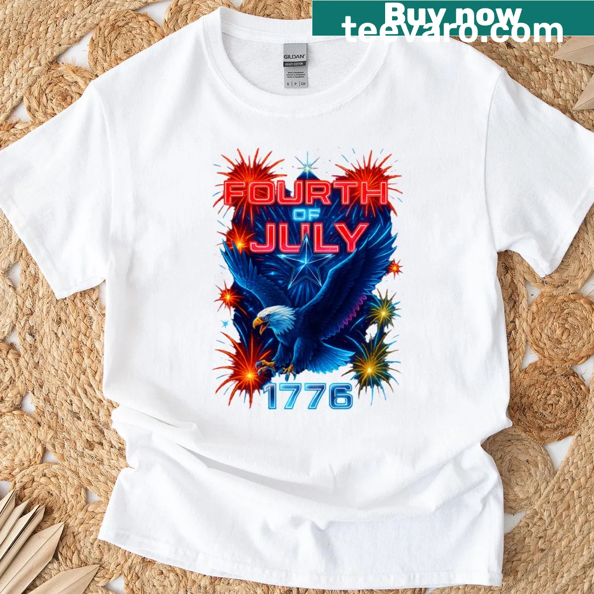 Patriotic T-shirt with bald eagle and fireworks design — on a men's t-shirt