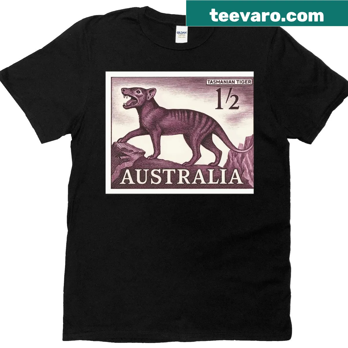 T-shirt featuring a 1958 Australia Tasmanian tiger postage stamp graphic — on a men's t-shirt