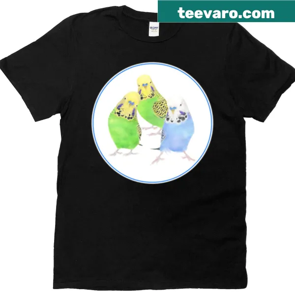 T-shirt with a graphic of three budgies in a circle design