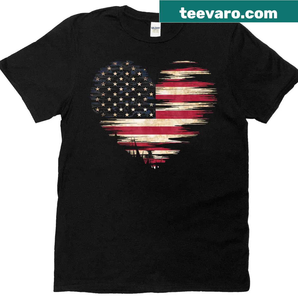 Heart-shaped American flag design T-shirt for women — on a men's t-shirt