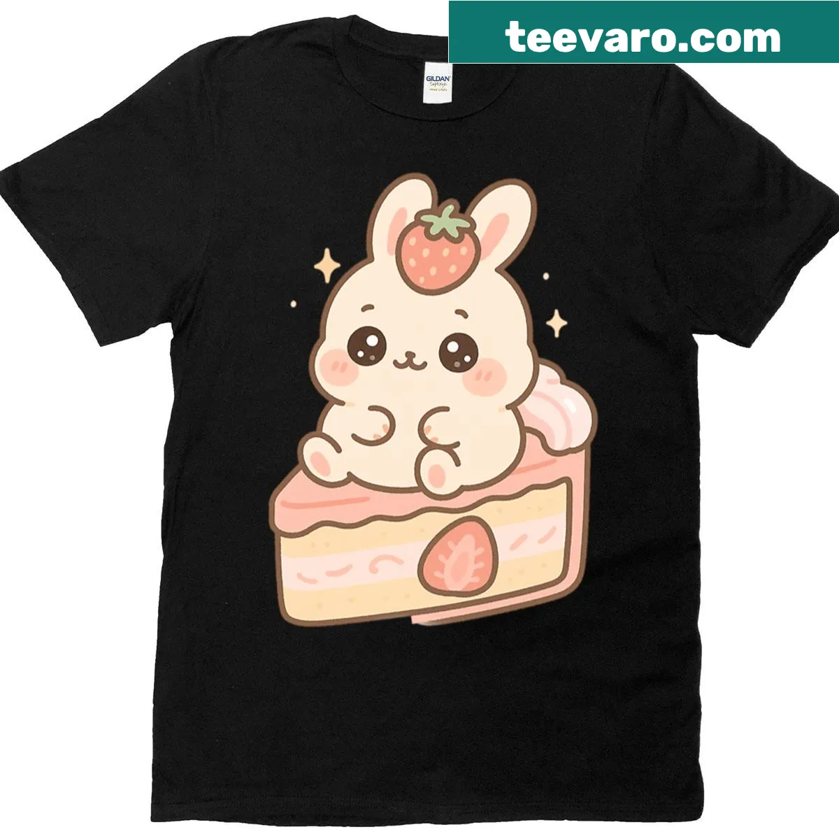 Cute kawaii bunny inside a strawberry cake on a T-shirt — on a men's t-shirt