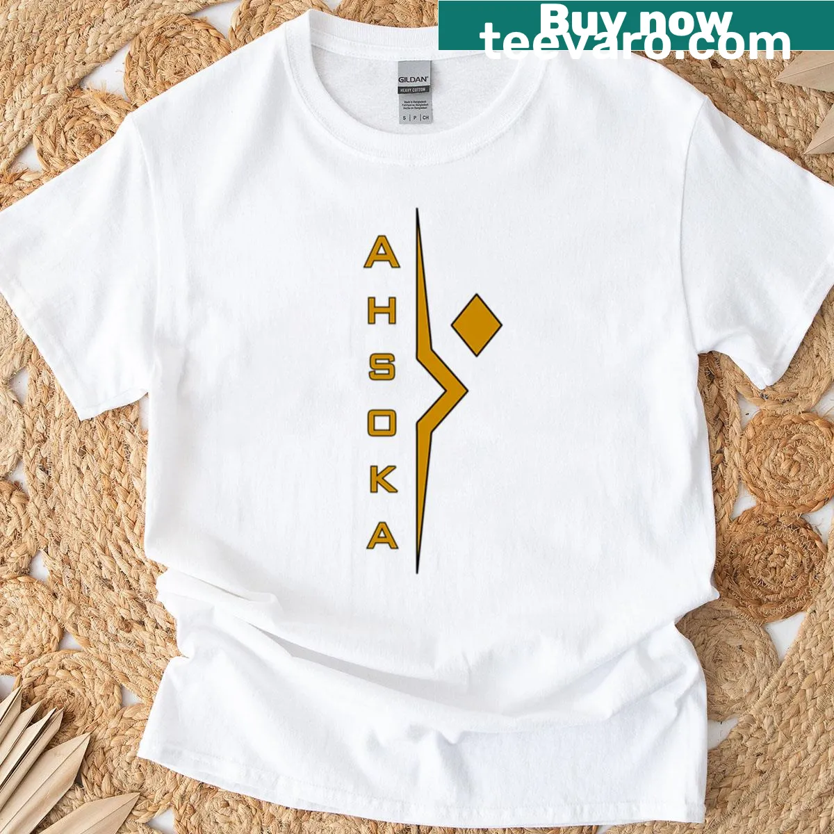 Ahsoka-themed t-shirt with vertical gothic font design — on a men's t-shirt