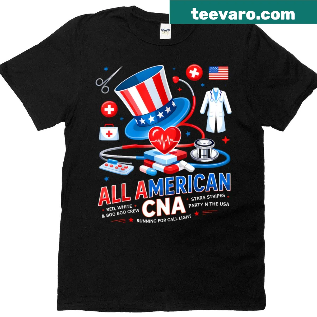 Patriotic CNA shirt with 'All American CNA' text design — on a men's t-shirt