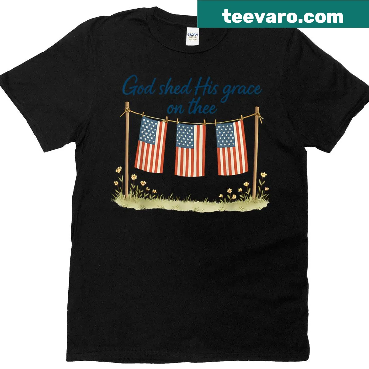 4th of July women's t-shirt with the phrase 'America God Shed His Grace On Thee' — on a men's t-shirt