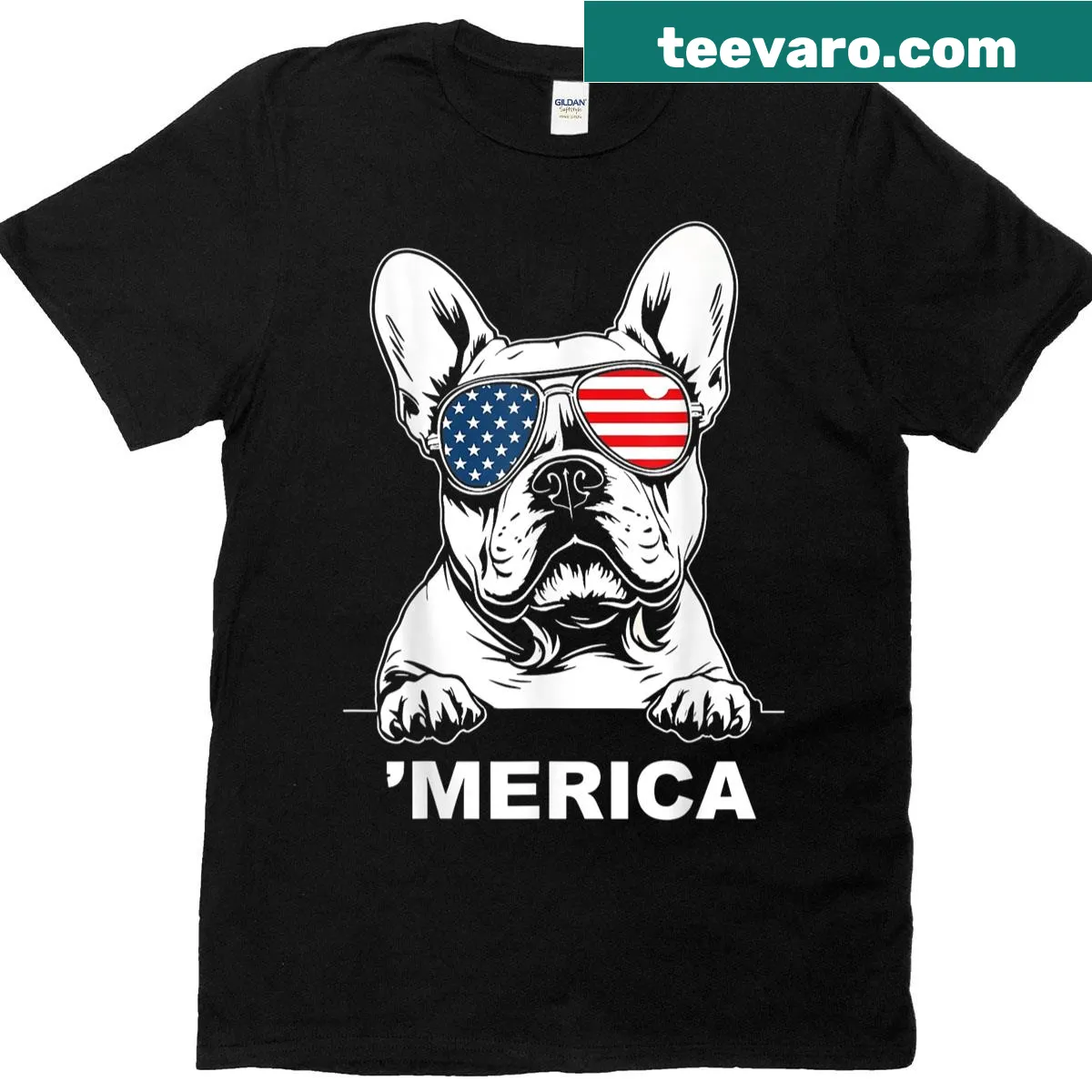 French bulldog T-shirt with American flag design for July 4th — on a men's t-shirt