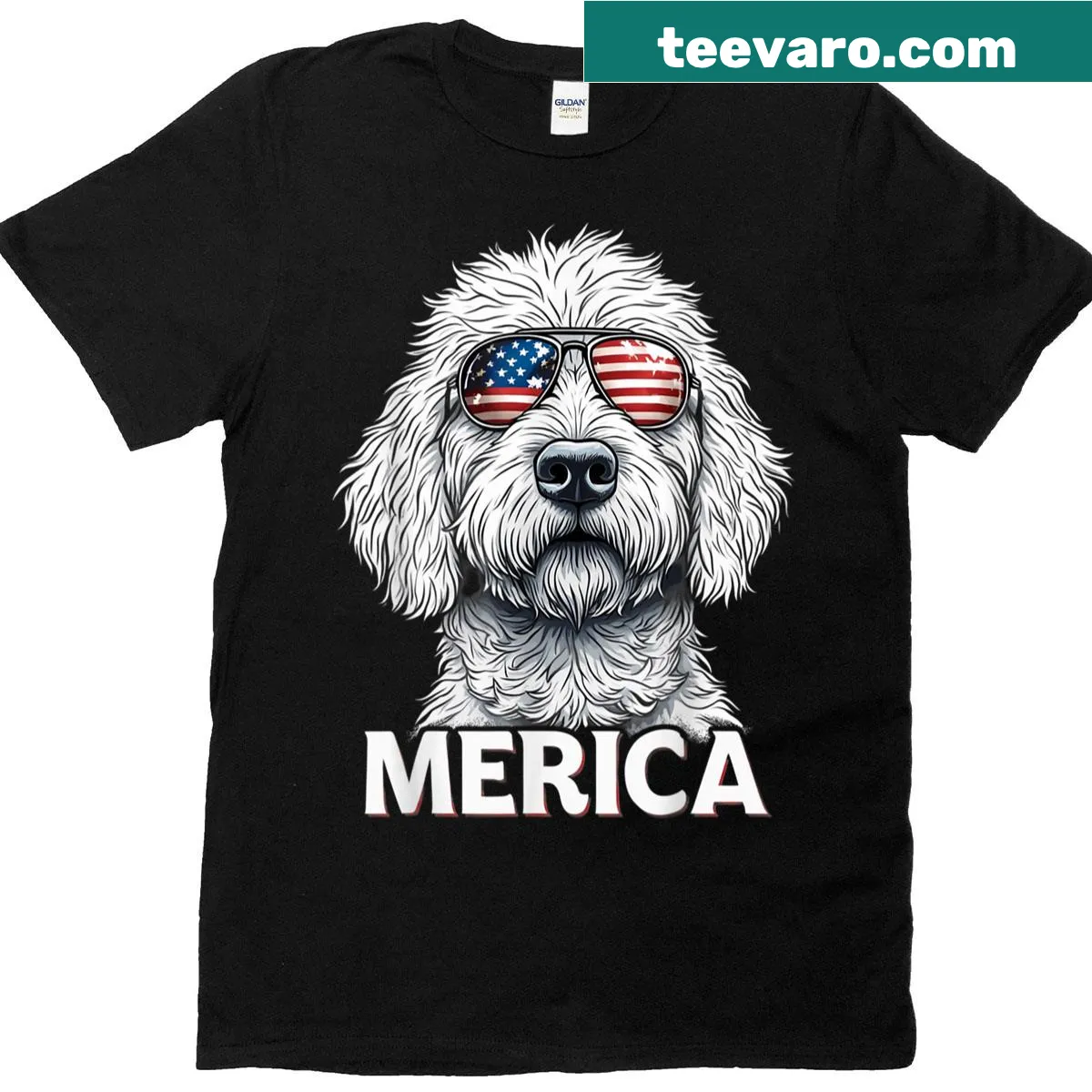 American flag Goldendoodle illustration on a T-shirt for Fourth of July — on a men's t-shirt