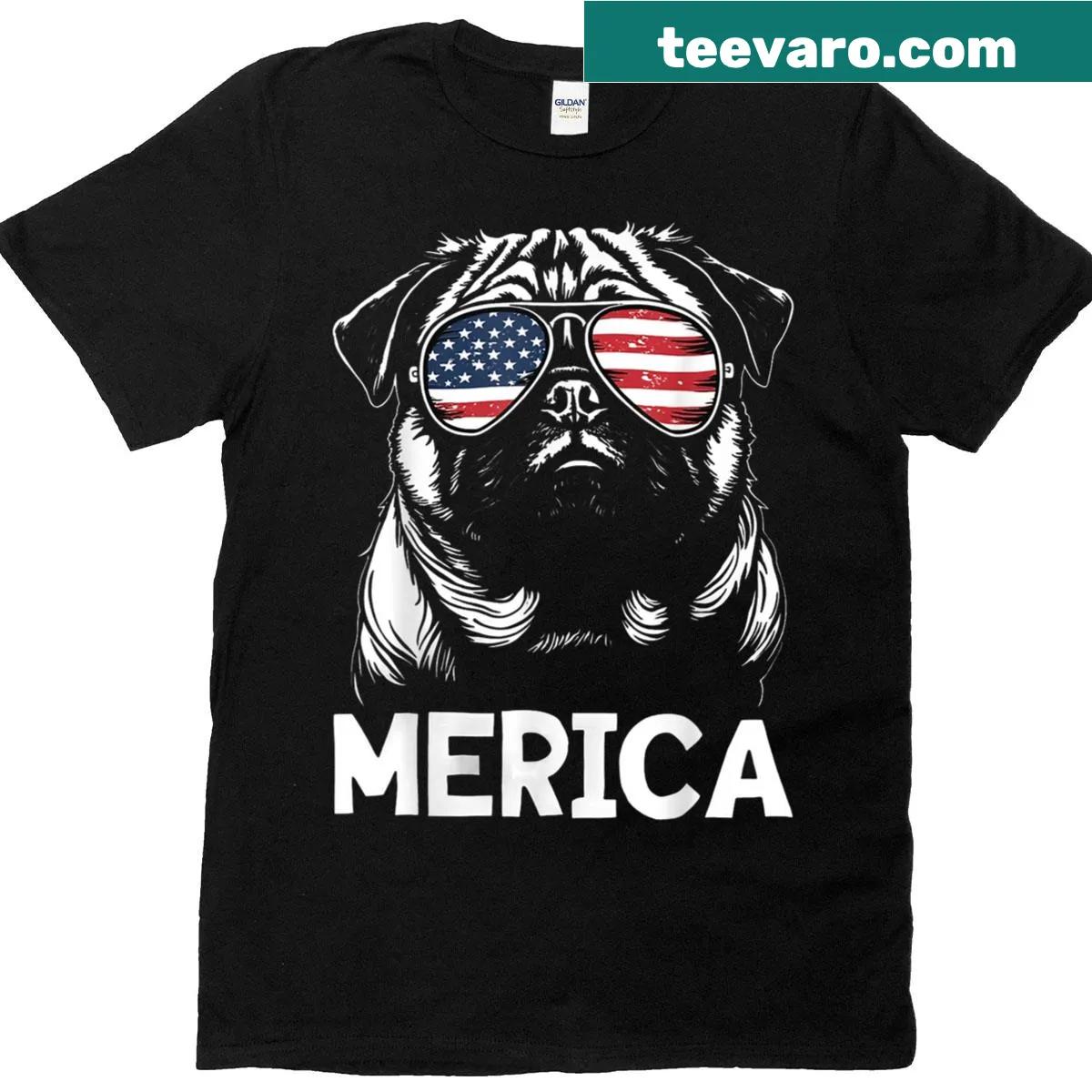 Illustration of a pug with an American flag on a Fourth of July T-shirt — on a men's t-shirt