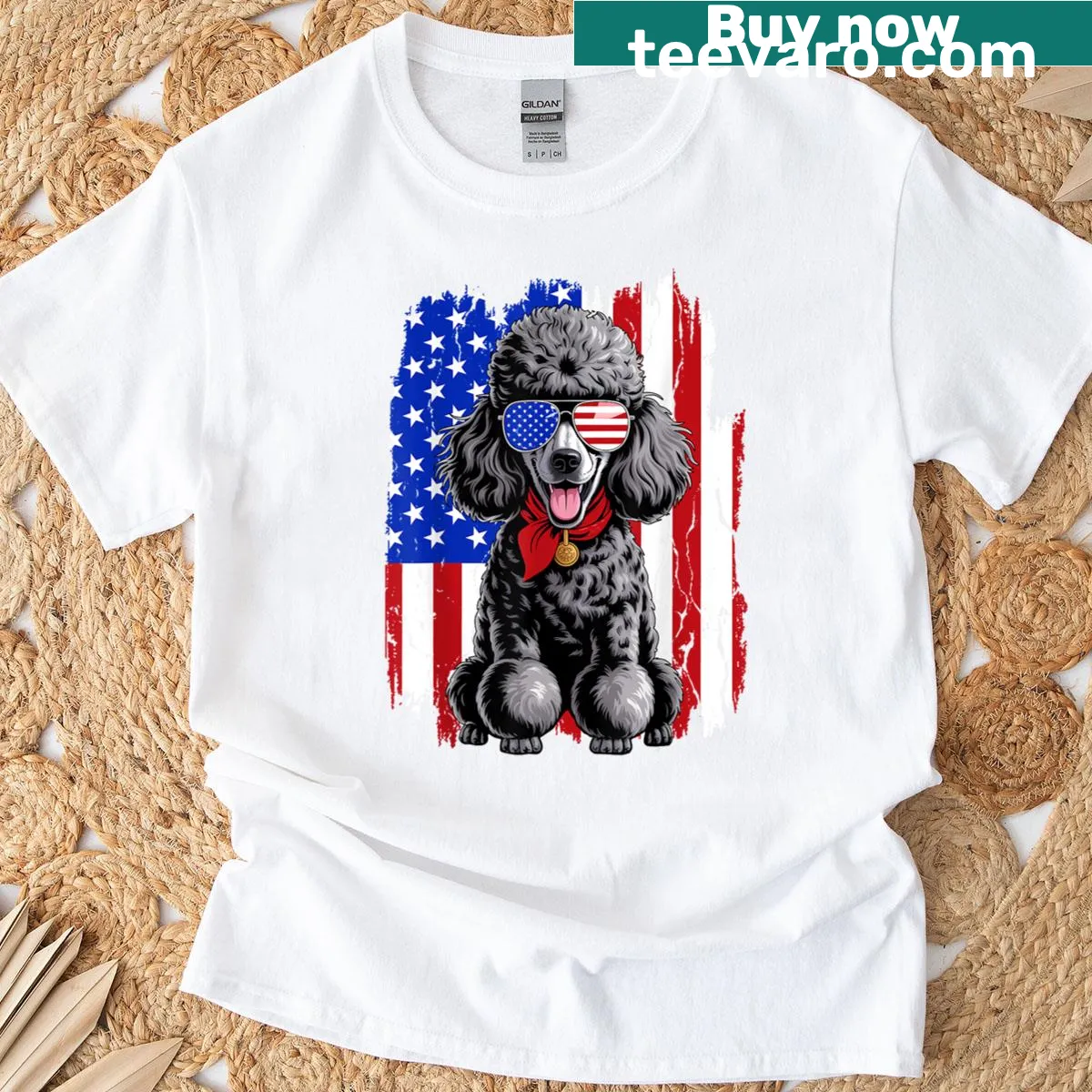 Patriotic T-shirt featuring a poodle in red, white, and blue — on a men's t-shirt