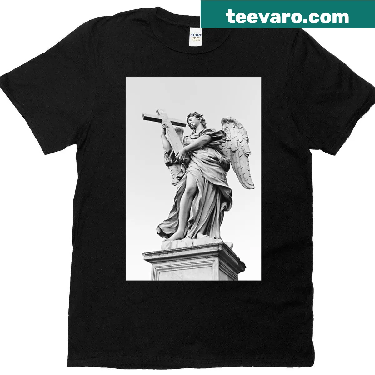 T-shirt featuring an angel holding a cross design — on a men's t-shirt