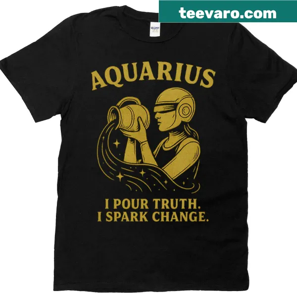 Whimsical Aquarius T-shirt with water-pouring design