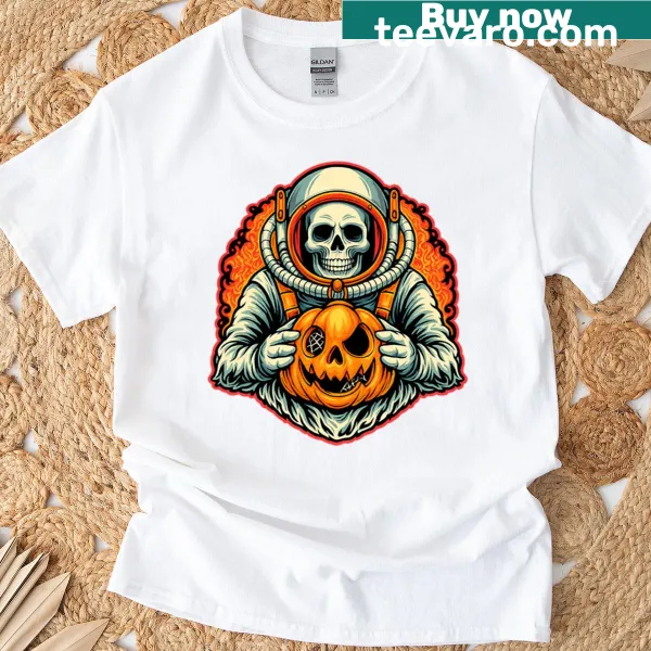 Astronaut skeleton with pumpkin Halloween graphic T-shirt