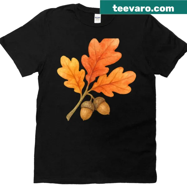Watercolor illustration of an oak branch with acorns on a t-shirt