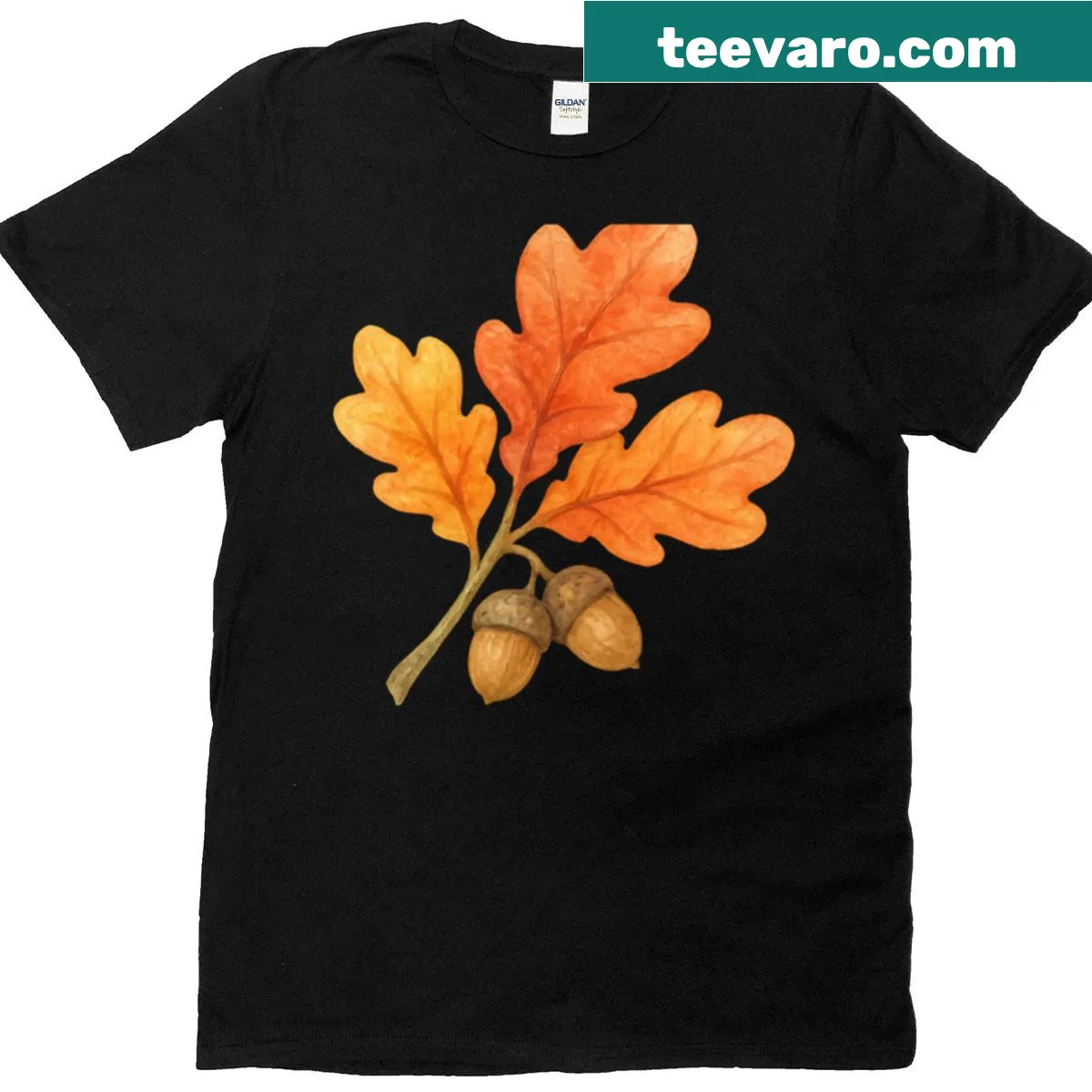 Watercolor illustration of an oak branch with acorns on a t-shirt — on a men's t-shirt