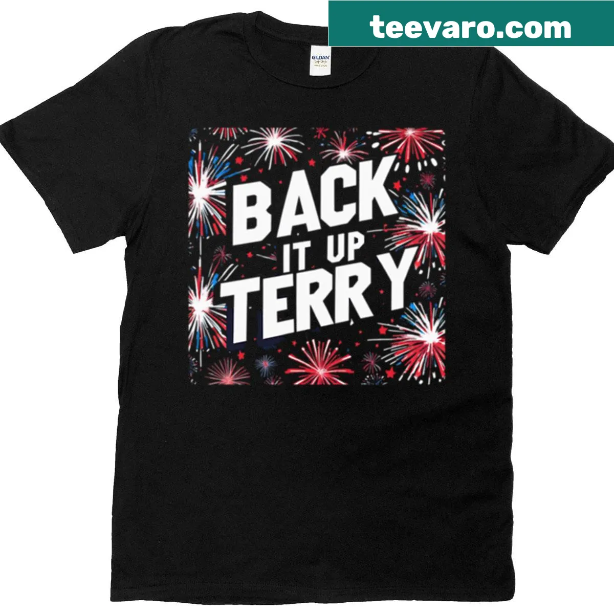 Humorous T-shirt with 'Back It Up Terry' and fireworks graphic — on a men's t-shirt