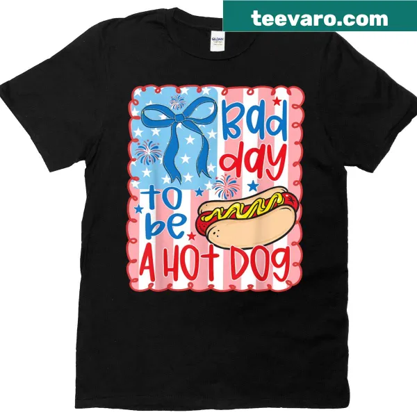 Humorous hot dog graphic T-shirt for Fourth of July.