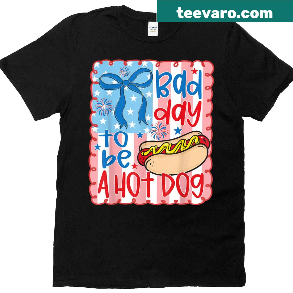 Humorous hot dog graphic T-shirt for Fourth of July. — on a men's t-shirt