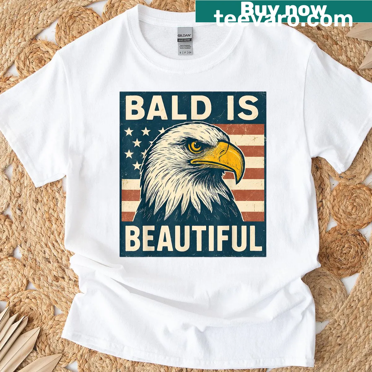 Bald eagle graphic on American flag background for 4th of July — on a men's t-shirt