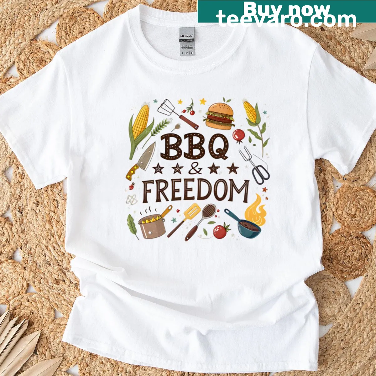 BBQ and freedom text design on a casual T-shirt — on a men's t-shirt