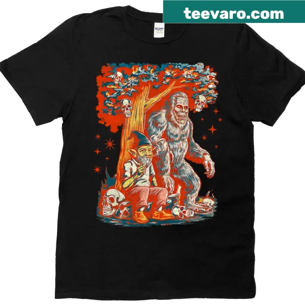 Illustration of Bigfoot and a gnome in a playful design
