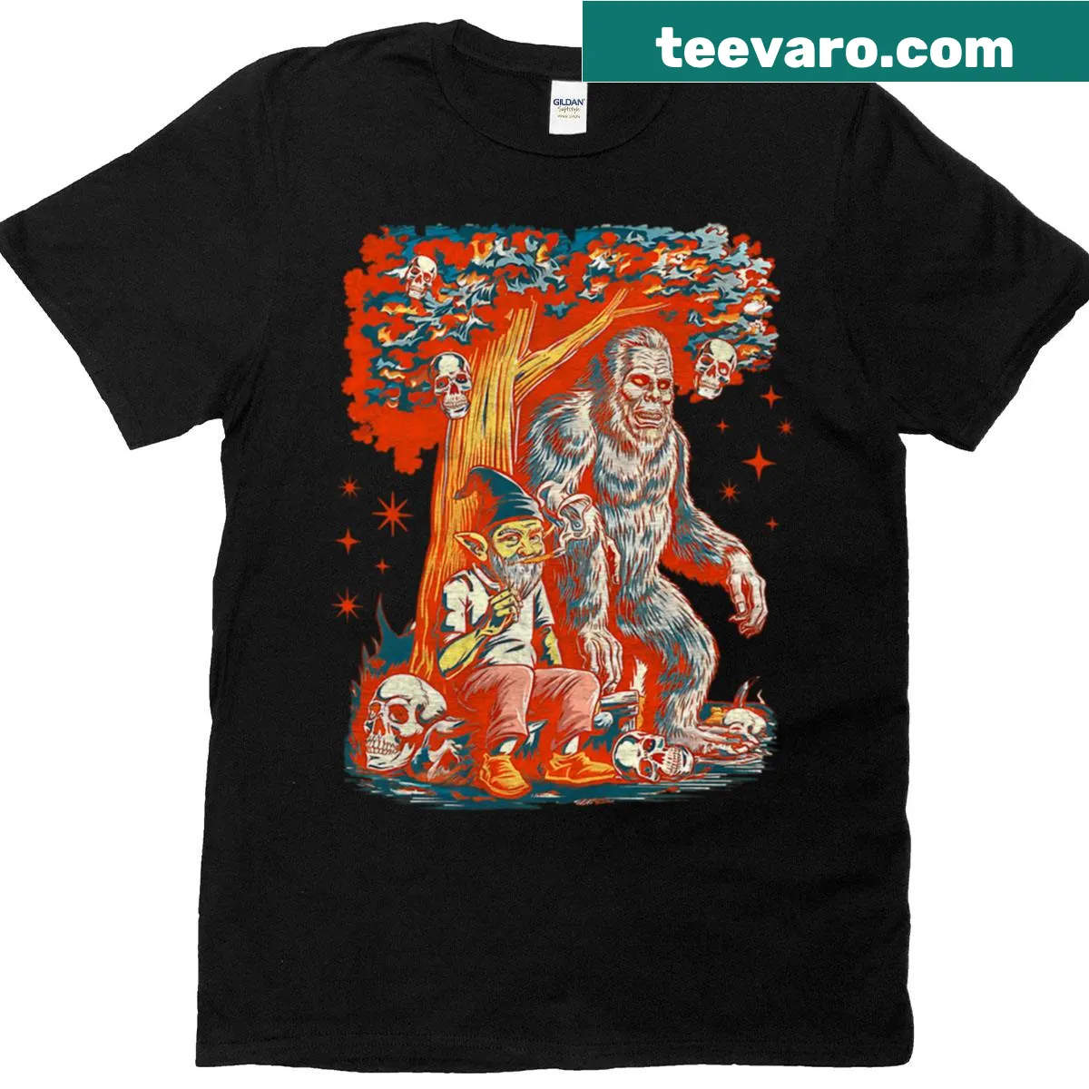 Illustration of Bigfoot and a gnome in a playful design — on a men's t-shirt