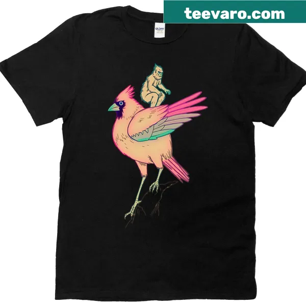 Bigfoot humorously riding a cardinal in a playful illustration