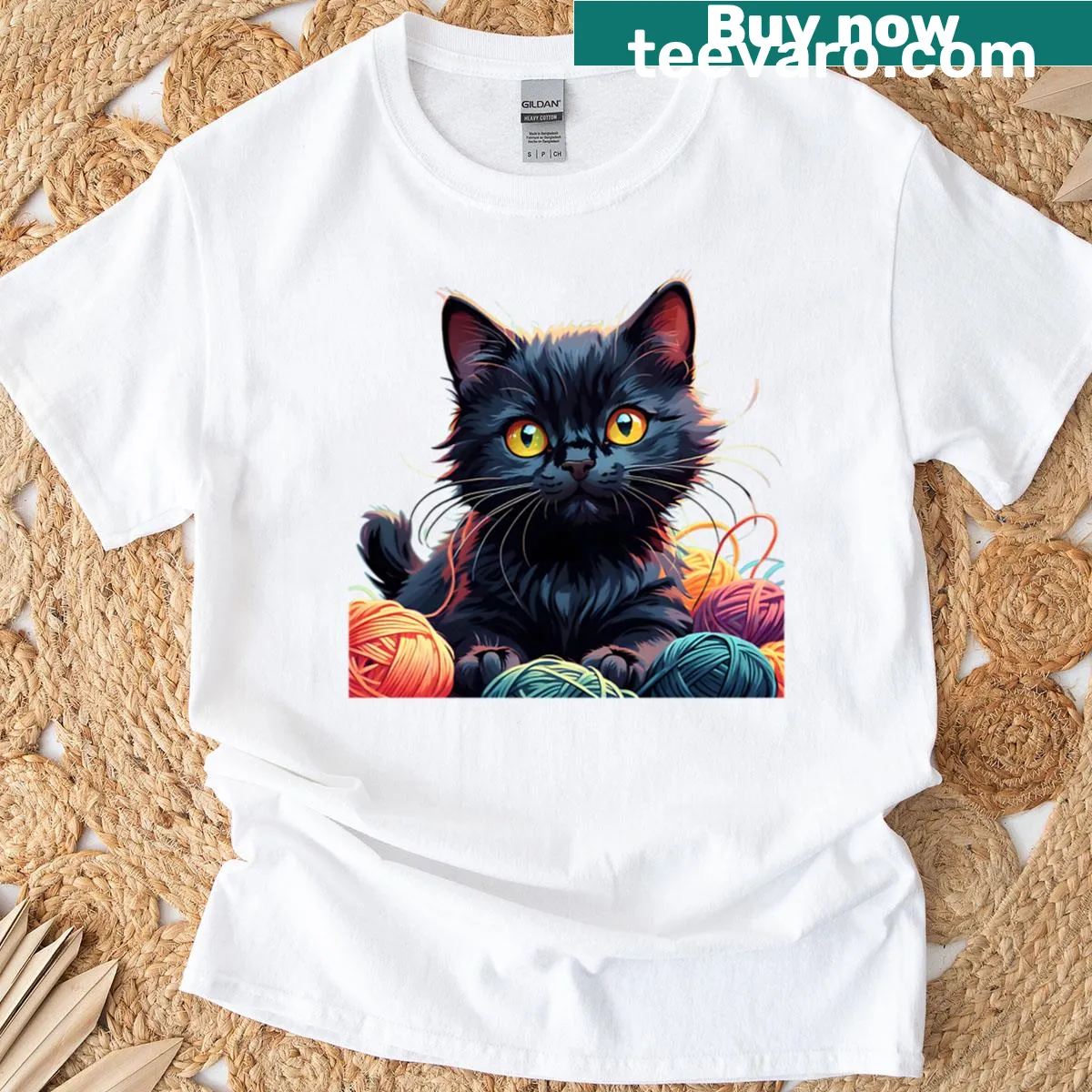 T-shirt featuring an adorable black cat illustration — on a men's t-shirt