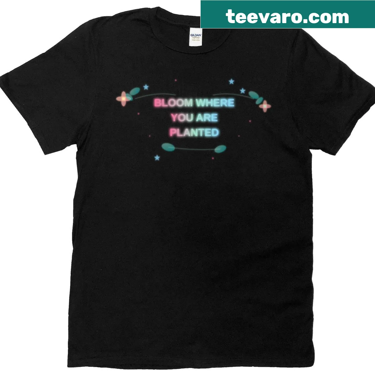 Inspirational T-shirt with floral elements and neon typography — on a men's t-shirt