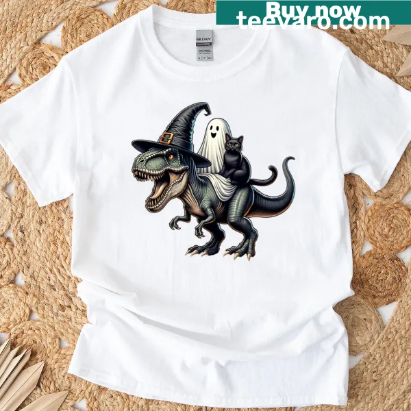Cat riding a T-Rex graphic on a funny Halloween t-shirt