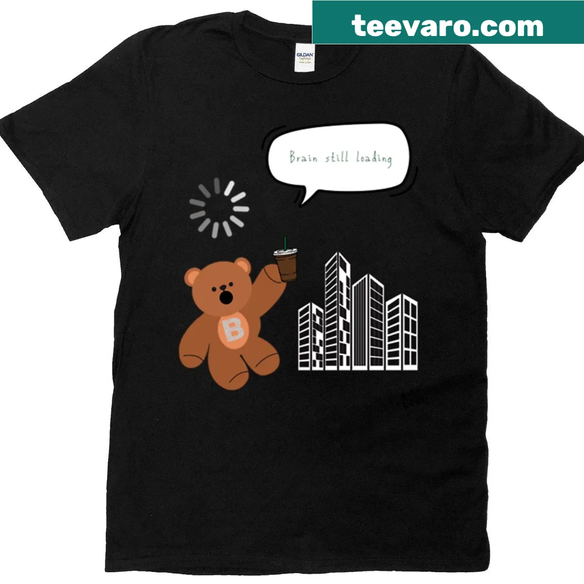 Cute T-shirt with coffee bear and loading brain graphic — on a men's t-shirt