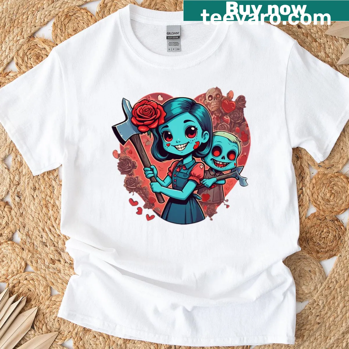 Kawaii zombie couple graphic in vintage comic style on a t-shirt — on a men's t-shirt