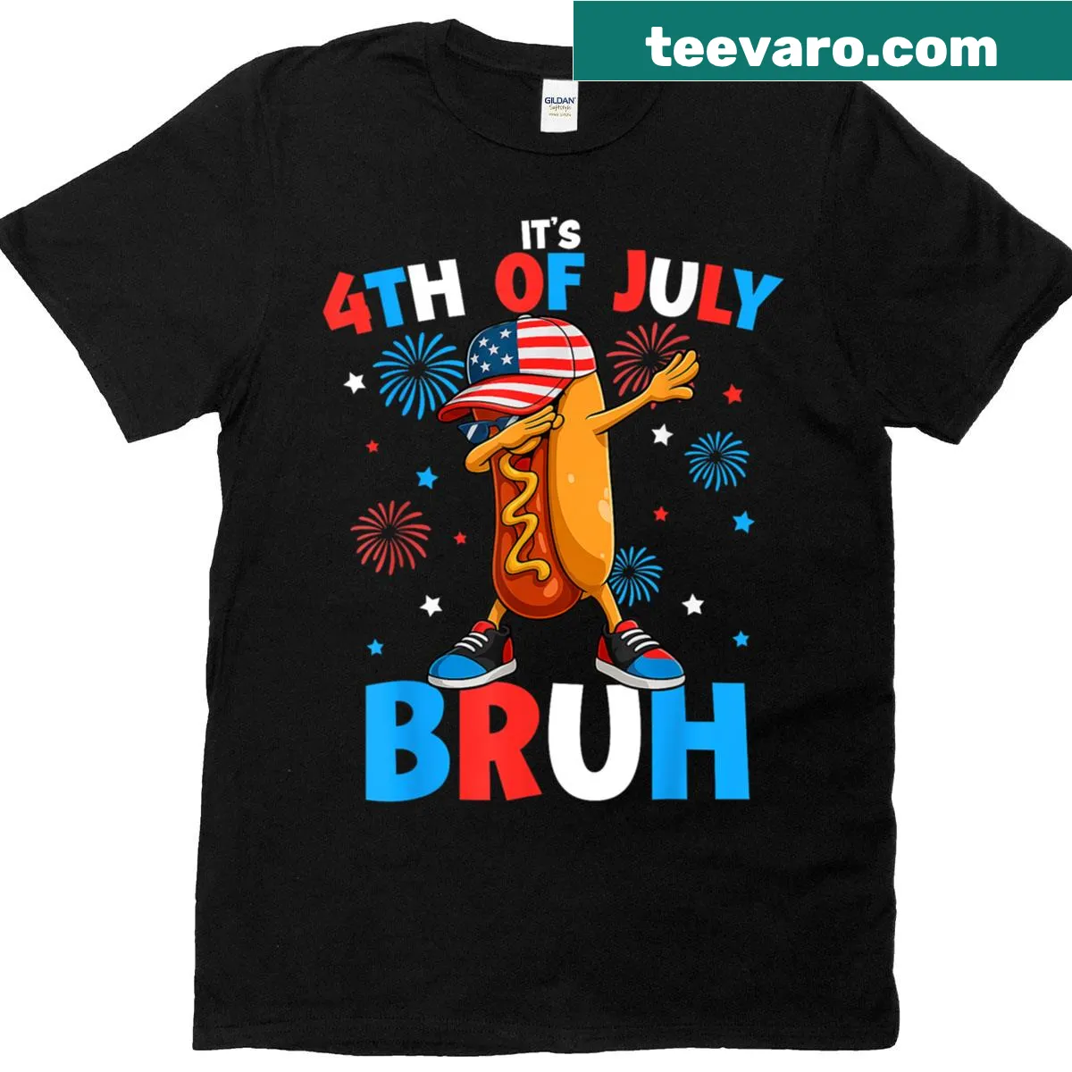 Funny hotdog graphic Fourth of July T-shirt for kids — on a men's t-shirt