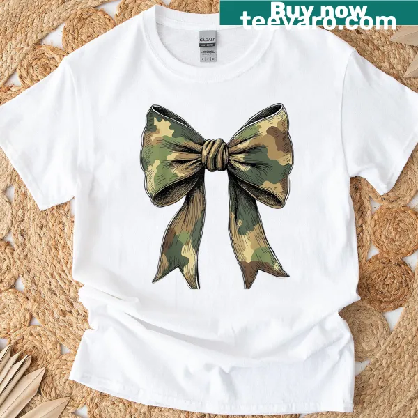 Camo T-shirt for women featuring a playful bow design