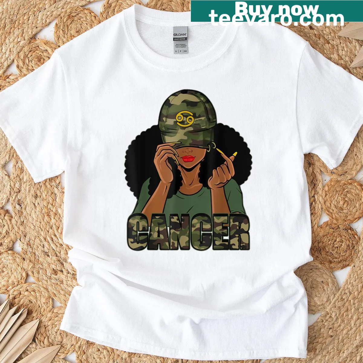 Camo design featuring Cancer zodiac symbols for June and July birthdays — on a men's t-shirt