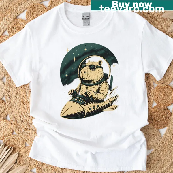 Illustrated T-shirt featuring a capybara as a galactic pilot