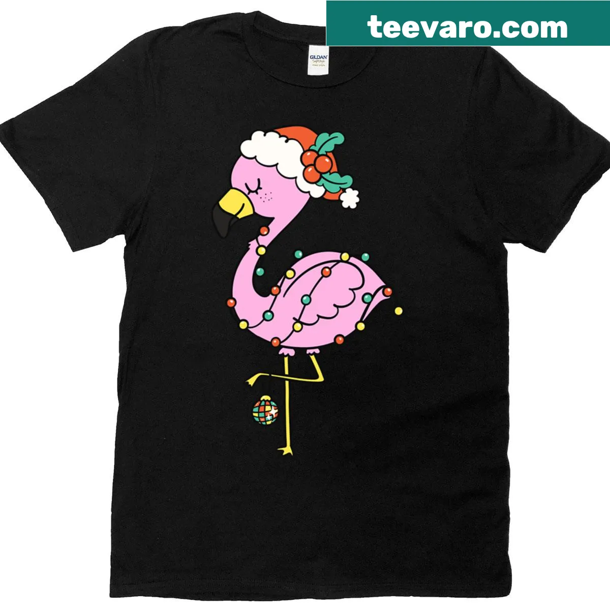 Cartoon flamingo wrapped in ornaments for a Christmas t-shirt — on a men's t-shirt