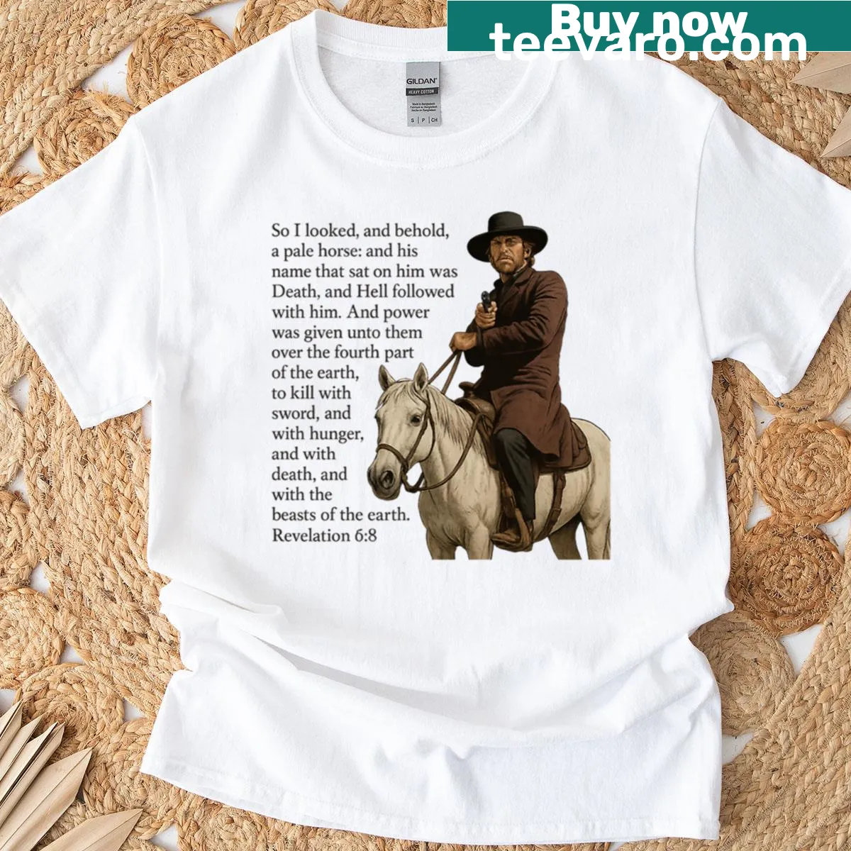 T-shirt featuring Clint Eastwood in a pale horse graphic — on a men's t-shirt